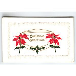 Vintage Embossed Christmas Greetings Postcard with Poinsettias & Holly